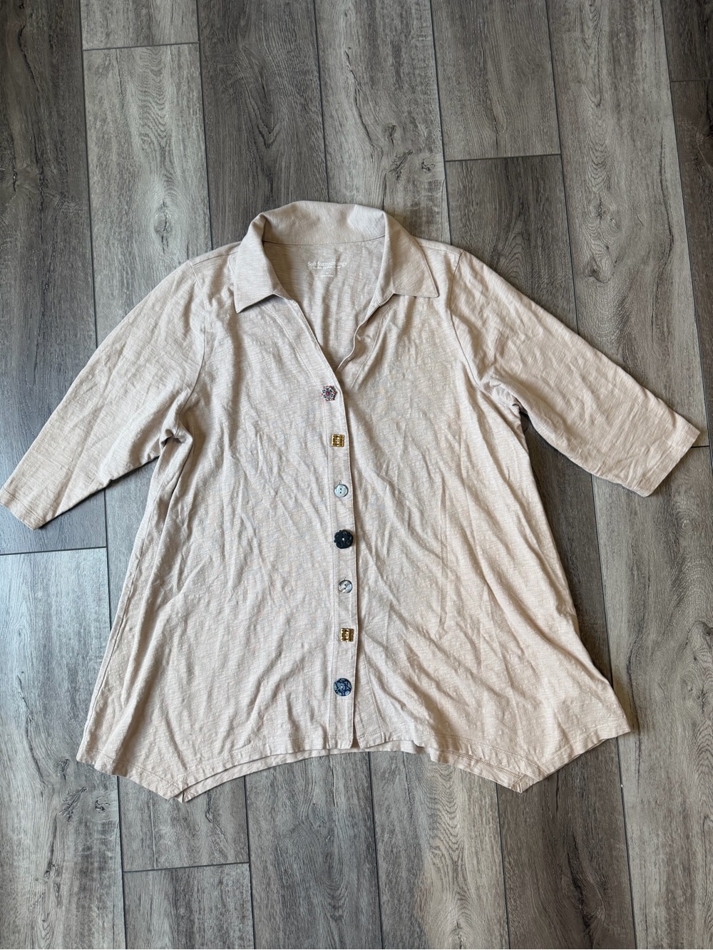 Soft Surroundings- Danielle Neutral Beige Button-Down 100% CottonTunic